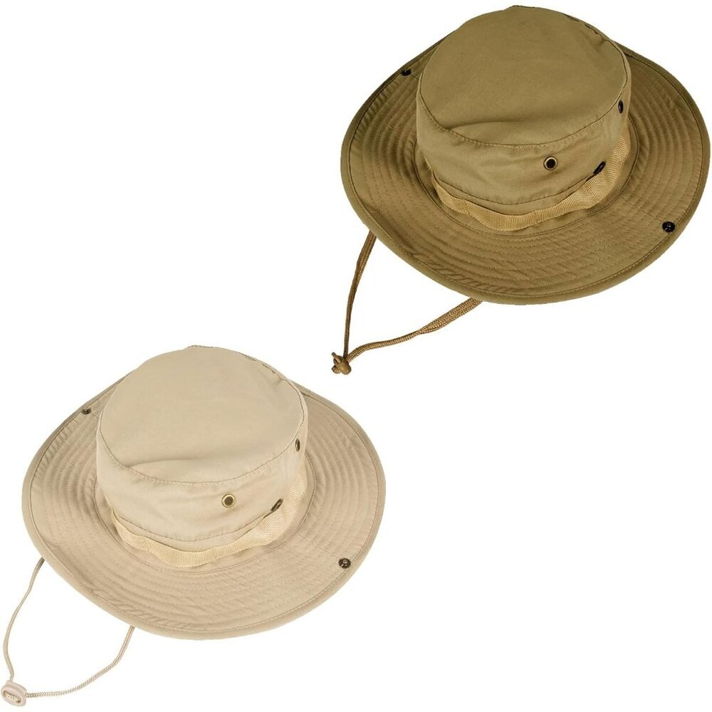 Women's Beige & Khaki Pack Of 2 Wide Brim Boonie Chin Strap Classic Bucket Hat